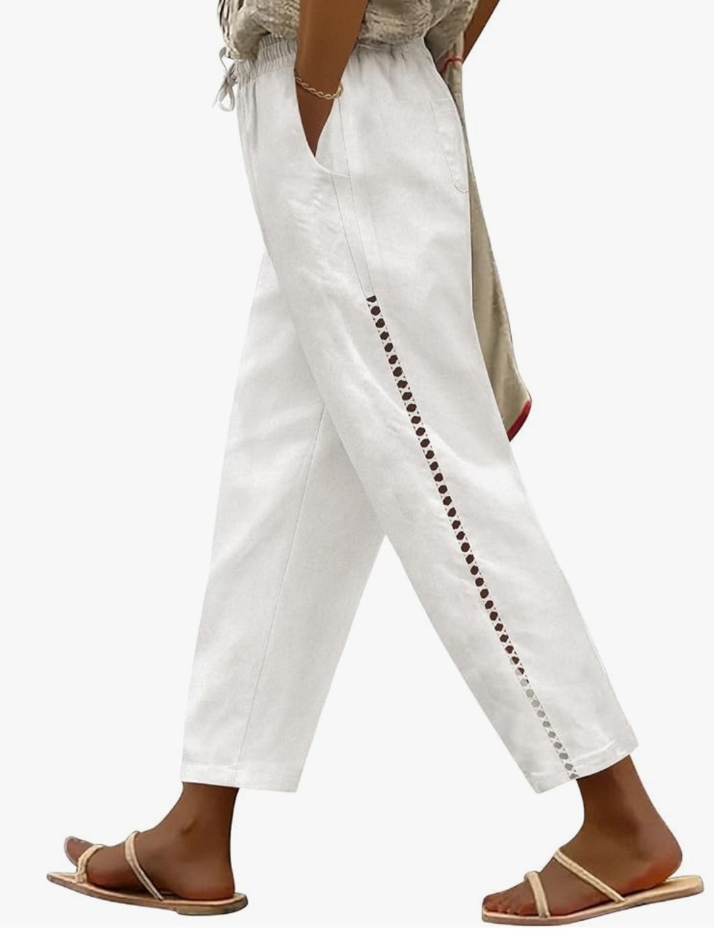 White Eyelet-Trim Linen Blend Capri Pants